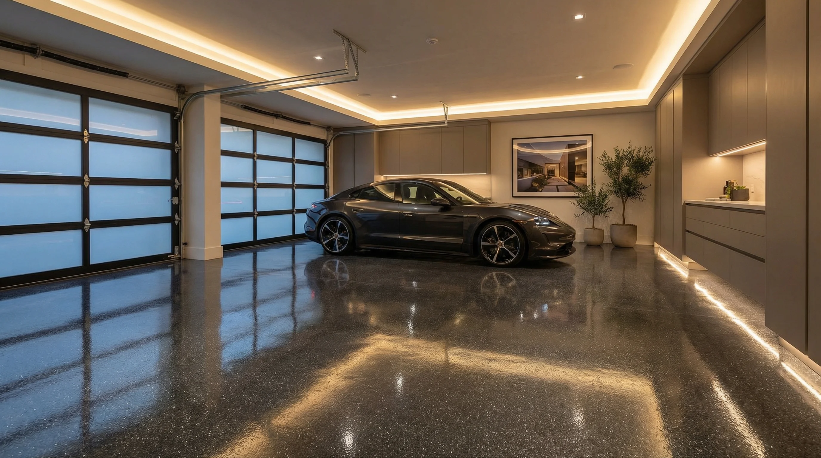 Professional epoxy floor coating — metallic finish in a residential garage