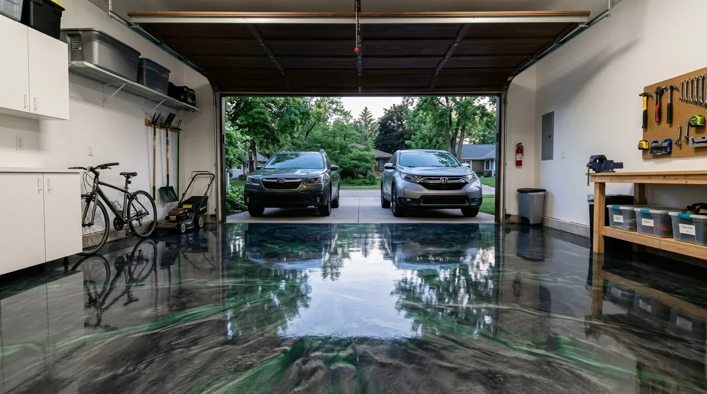 Glossy metallic epoxy garage floor with emerald and graphite swirls reflecting the open garage door