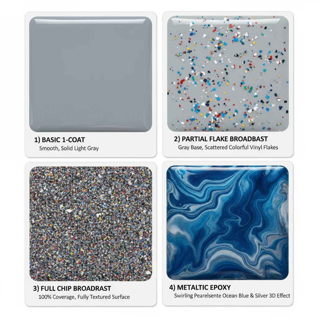 Four epoxy coating systems compared: basic 1-coat, partial flake broadcast, full chip broadcast, and metallic epoxy