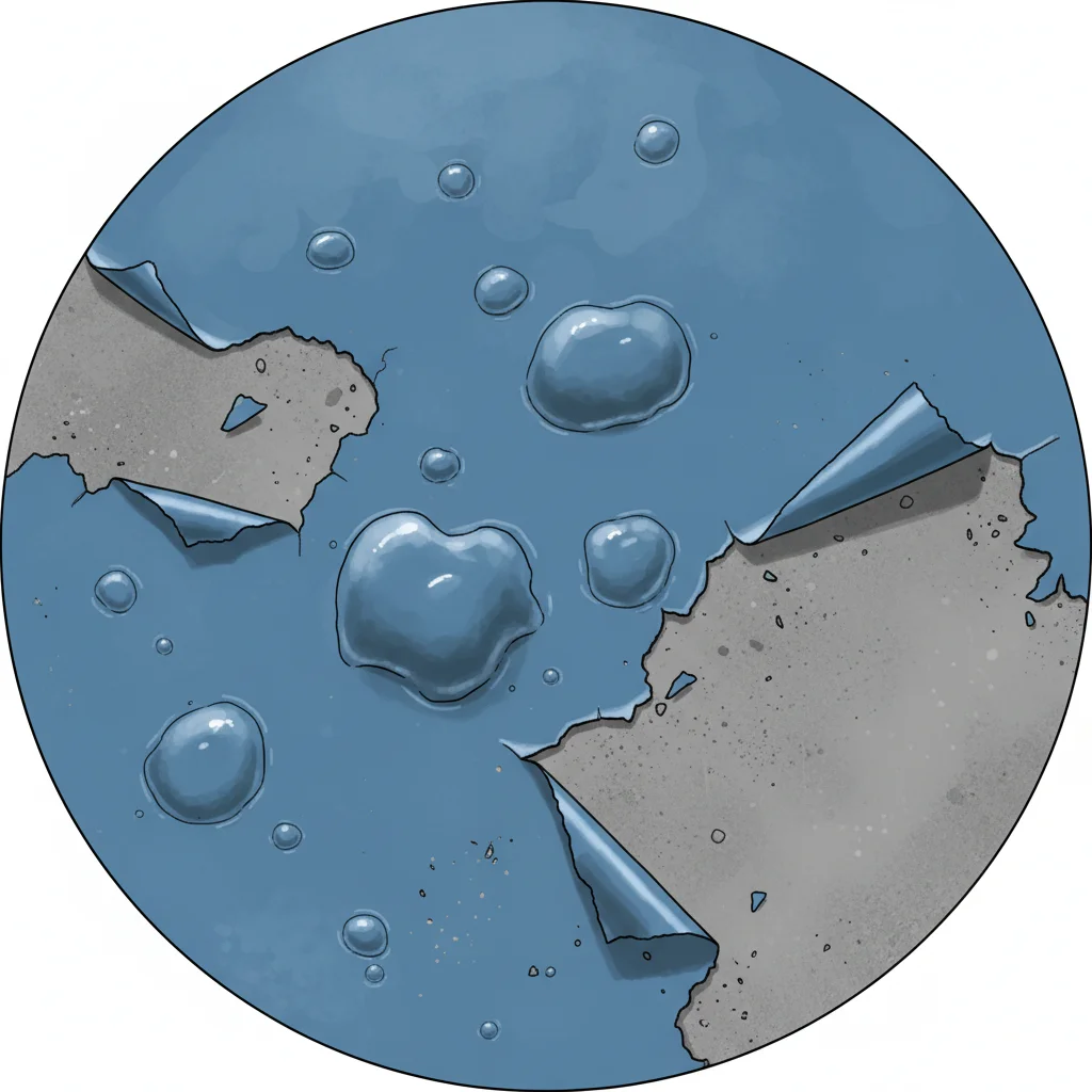 Failed epoxy floor coating showing delamination, peeling, and bubbling on a garage floor